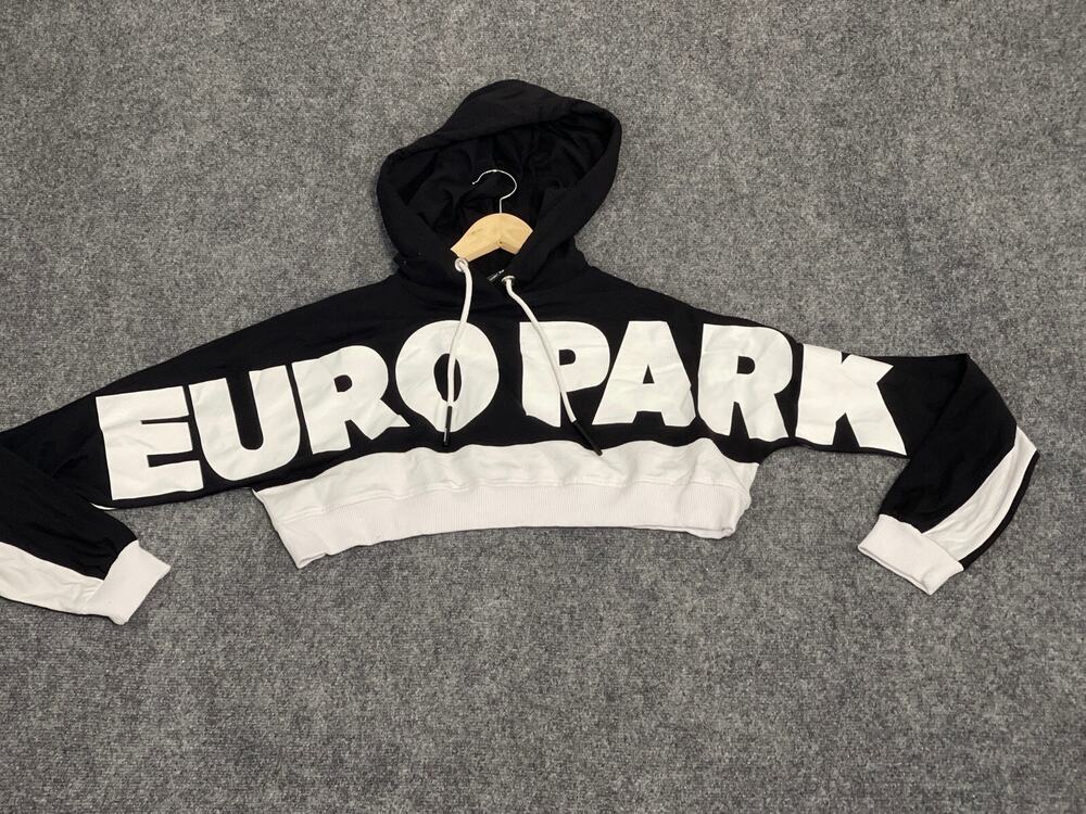 Euro Park Hoodie Womens Large Crop Oversized Sweatshirt Color Block Black N2
